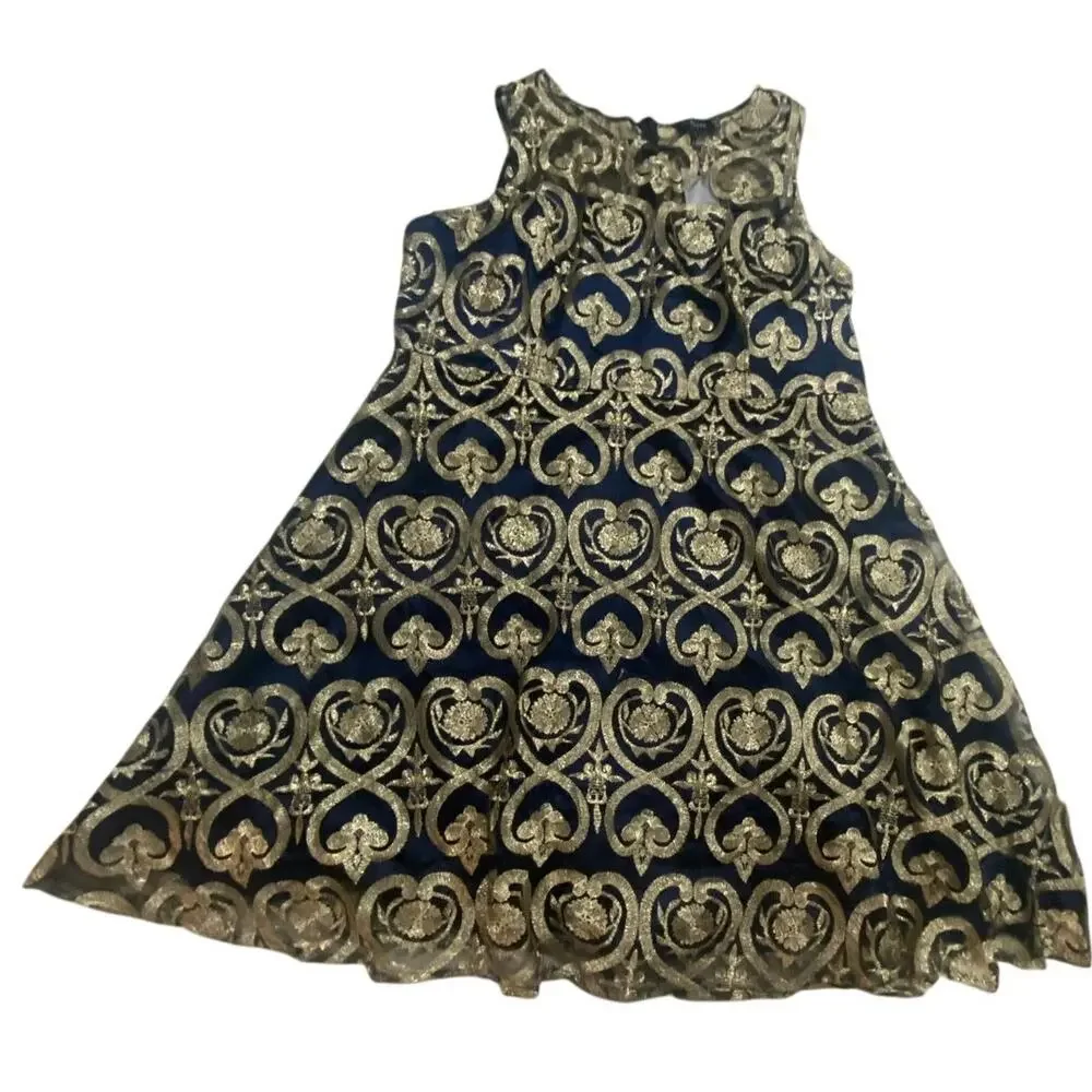 Liza Luxe Navy Blue Gold Brocade A-Line Dress Sleeveless Metallic Party